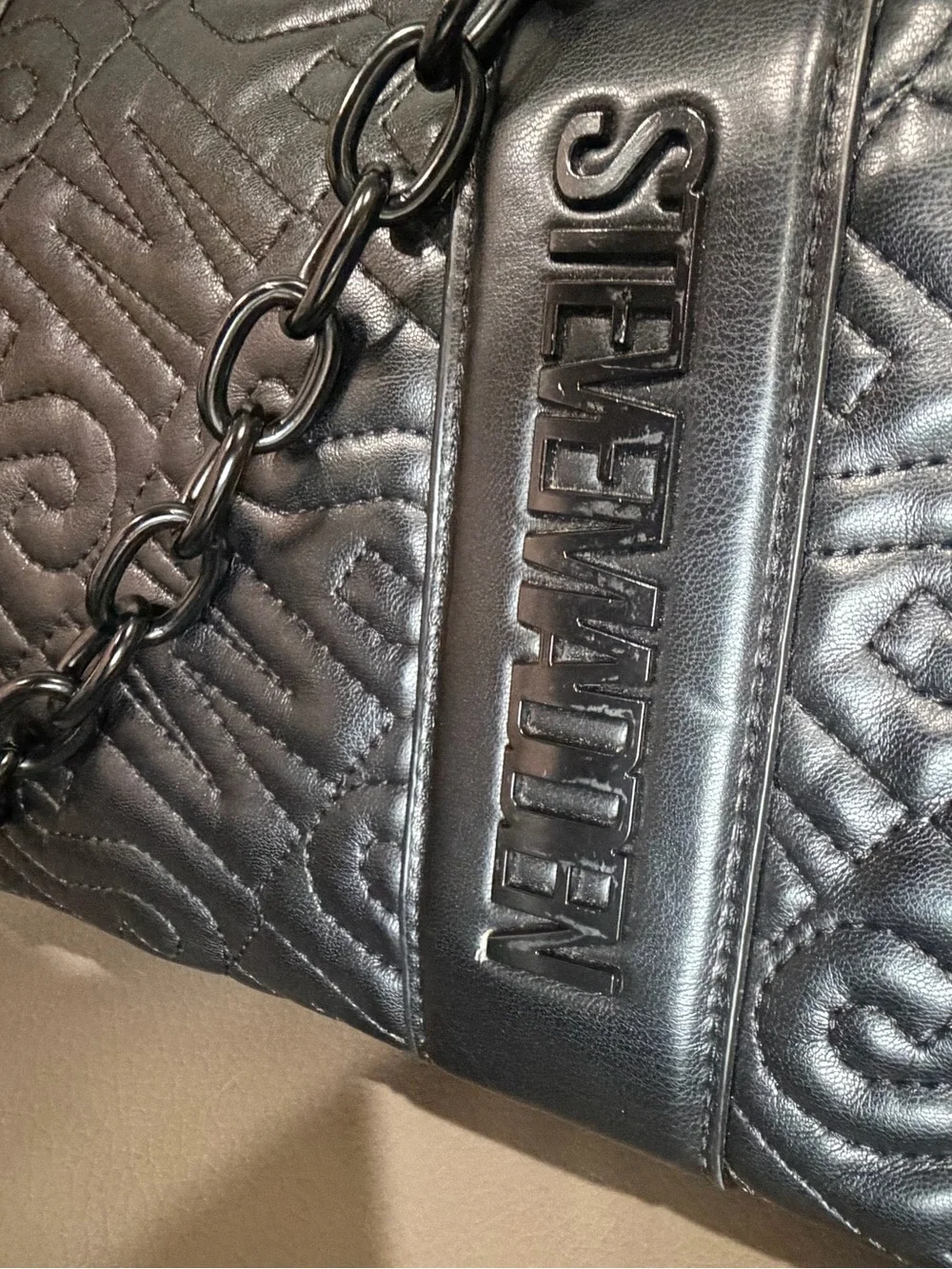 Black Quilted Embossed Logo Tote Bag